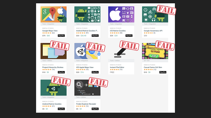 Grid of commercially unsuccessful Unity assets