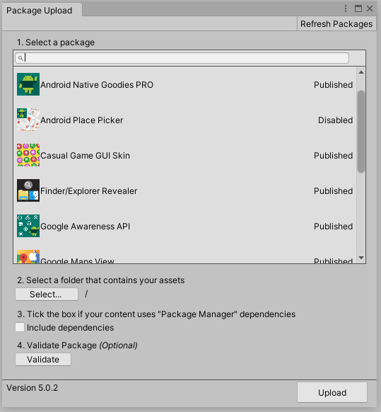 Unity Asset Store Tools upload window