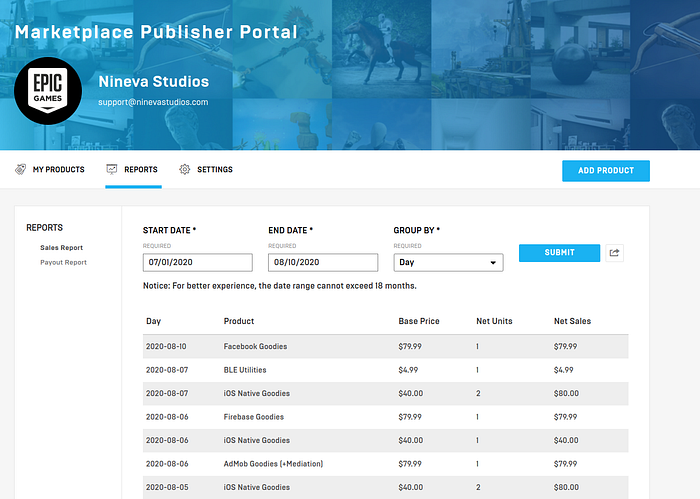 Unreal Engine Marketplace publisher dashboard