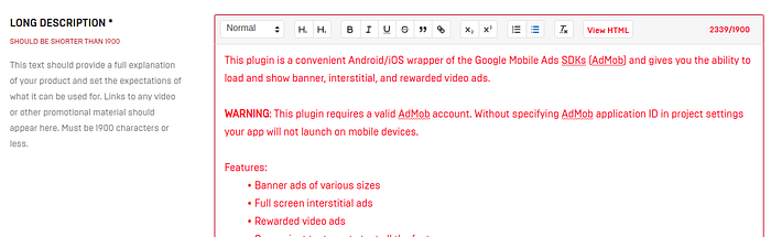 Error about character limit on description
