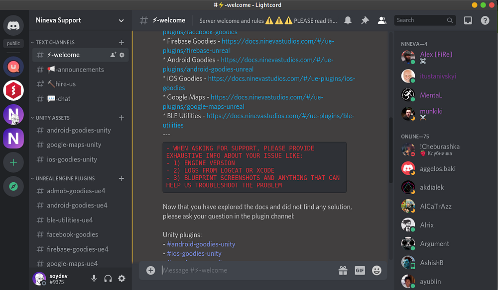 Discord server channel list for Nineva plugins