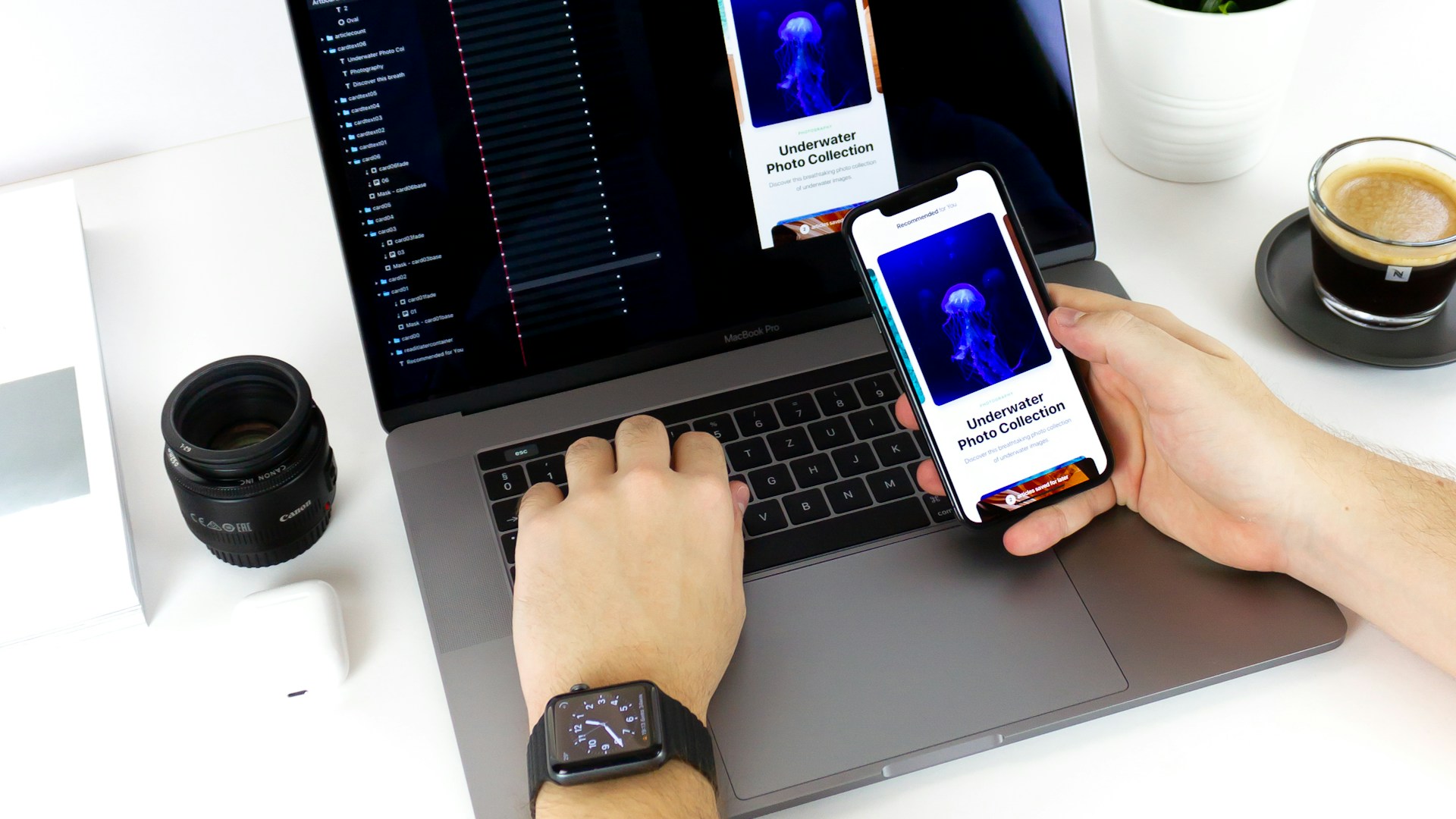 A mobile app shown on a phone beside the same interface on a laptop