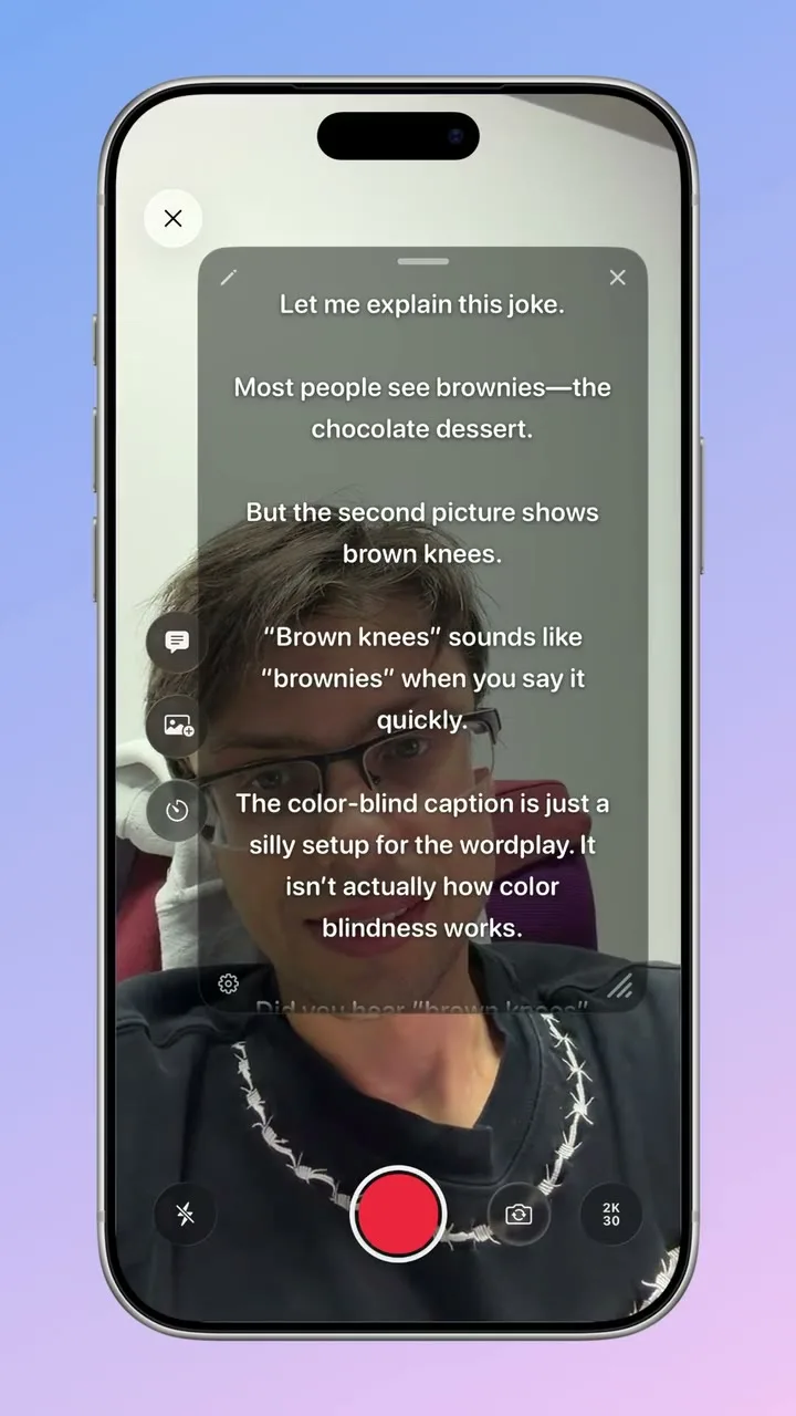 Camera teleprompter scrolling a script over the live front camera while recording
