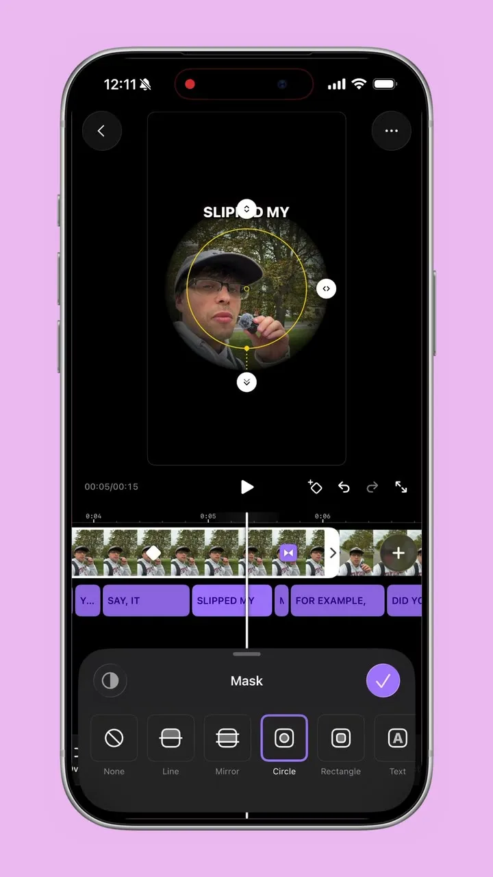 Circle mask positioned over a clip with the mask shape picker open below the timeline