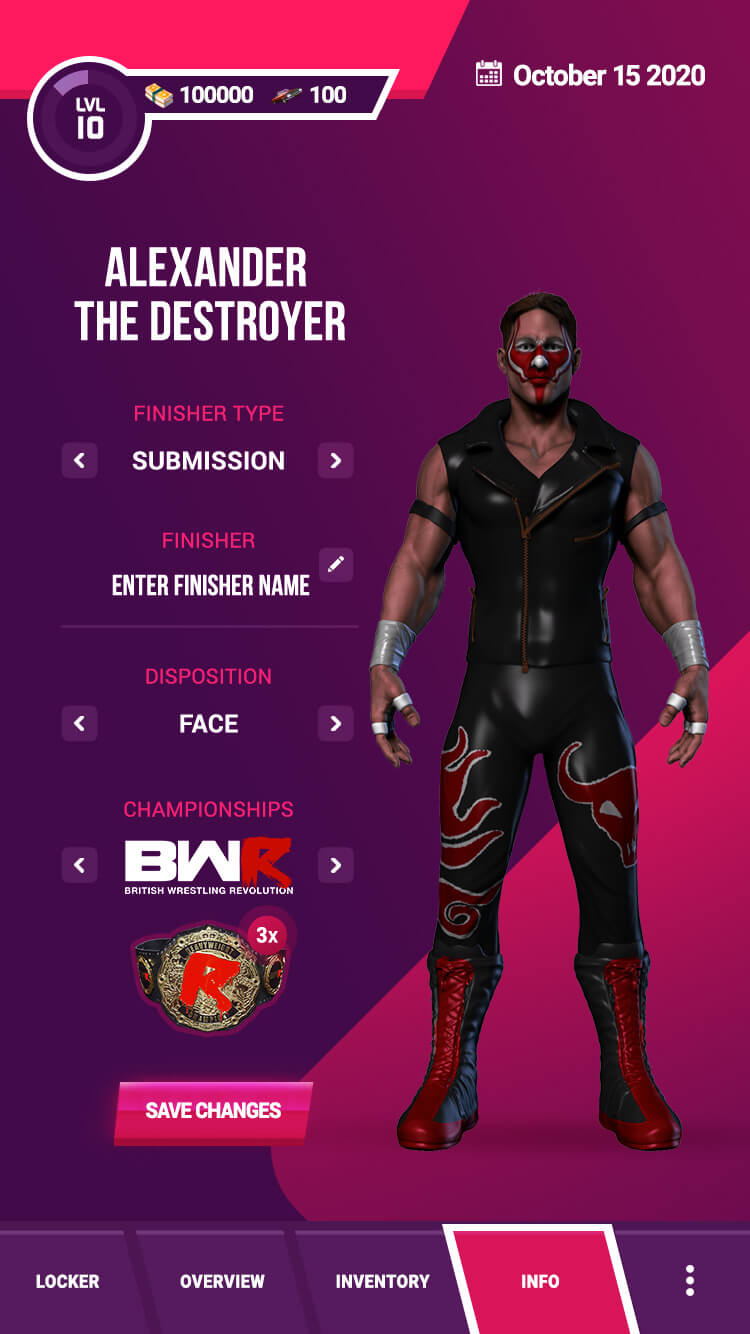 Locker room screen with wrestler stats and upgrades