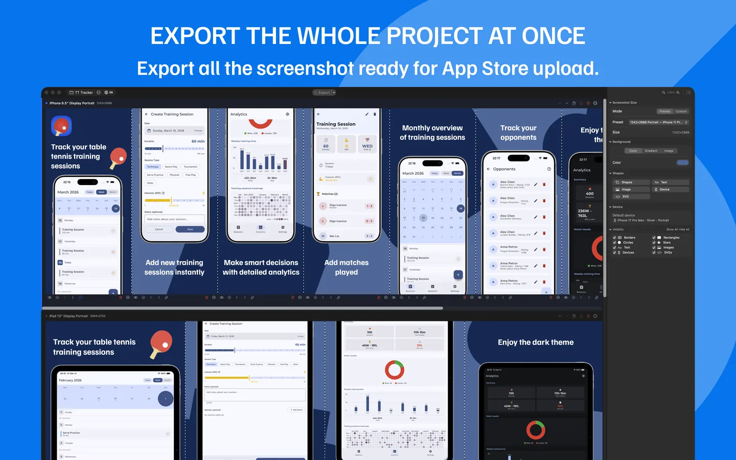 Batch export view with all project screenshots ready for App Store upload