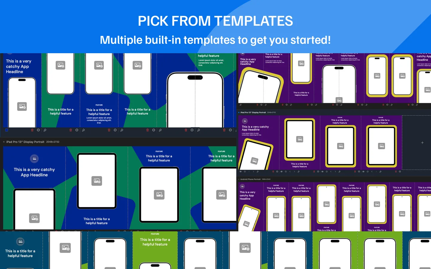 Template picker showing multiple built-in layout templates for iPhone and iPad