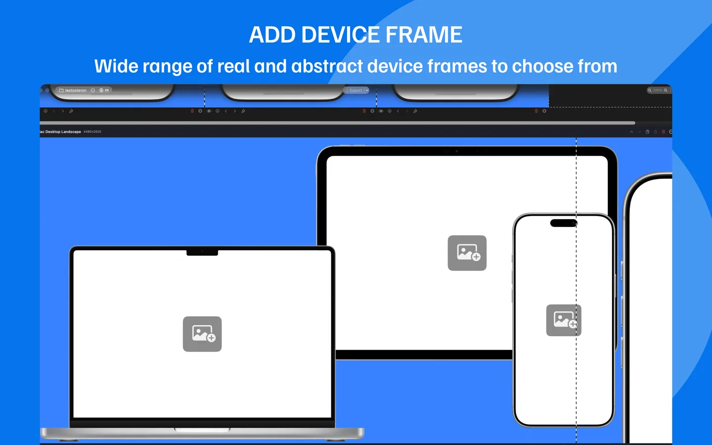 Device frame selection showing MacBook, iPad, and iPhone frames on canvas