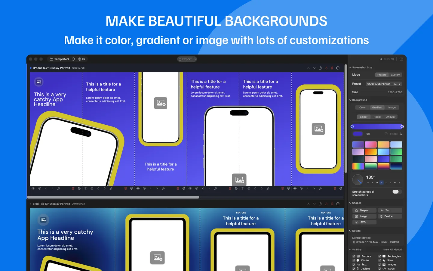 Background editor with gradient presets, color picker, and angle controls